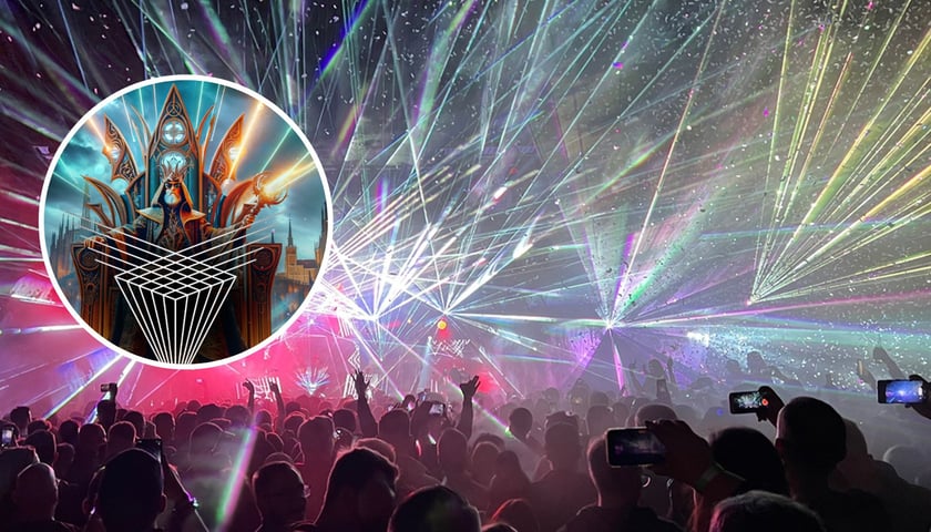 W tle pokaz laserowy, w kółku z lewej grafika - plakat Lord of Lasers