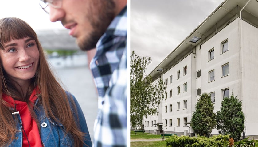 Kobieta i mężczyzna, budynek mieszkalny na osiedlu Poświętne  TBS Wrocław