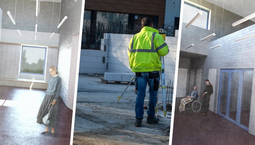 Zdjęcie mężczyzny w żółtej kamizelce na placu budowy, otoczone dwiema wizualizacjami wnętrz budynku