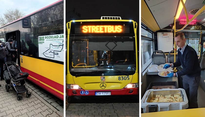 Trzy zdjęcia – od lewej ludzie wsiadający do Streetbusa, tablica informacyjna na Streetbusie, pracownik Streetbusa wydający posiłki
