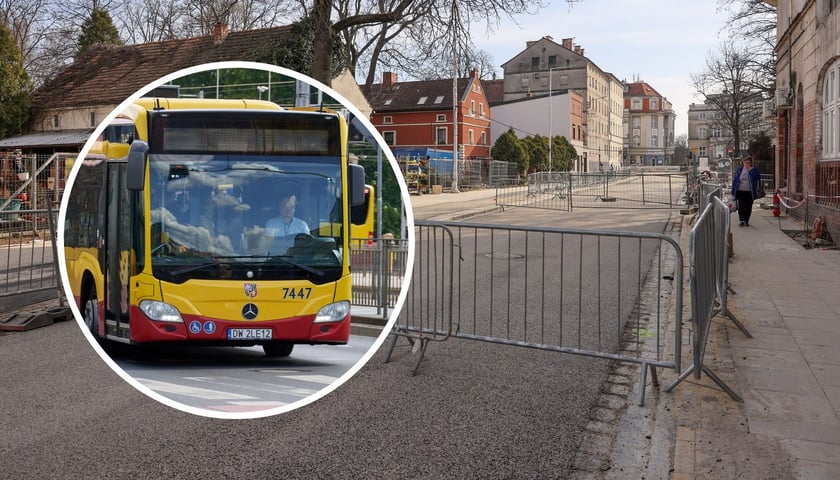 Na dużym zdjęciu ulica Dolnobrzeska miesiąc przed zakończeniem remontu. Na zdjęciu w kółku miejski autobus 