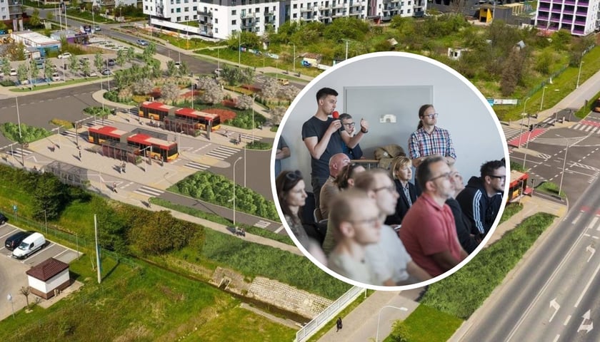 Wizualizacja pętli "Jagodno" (duży obrazek). Na małym spotkanie informacyjne w Zespole Szkolno-Przedszkolnym nr 25 przy ul. Asfaltowej poświęcone zmianom w kursowaniu autobusów po otwarciu trasy na Jagodno
