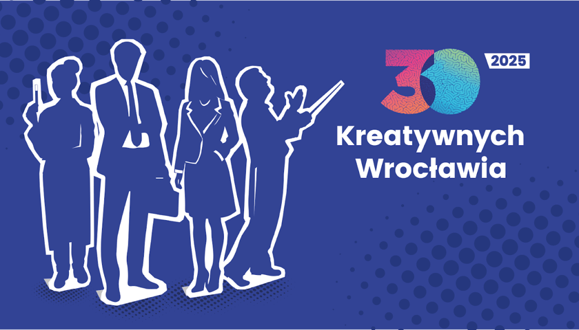 Grafika z napisem 30 Kreatywnych Wrocławia 2025 oraz zarysami kilku postaci na niebieskim tle