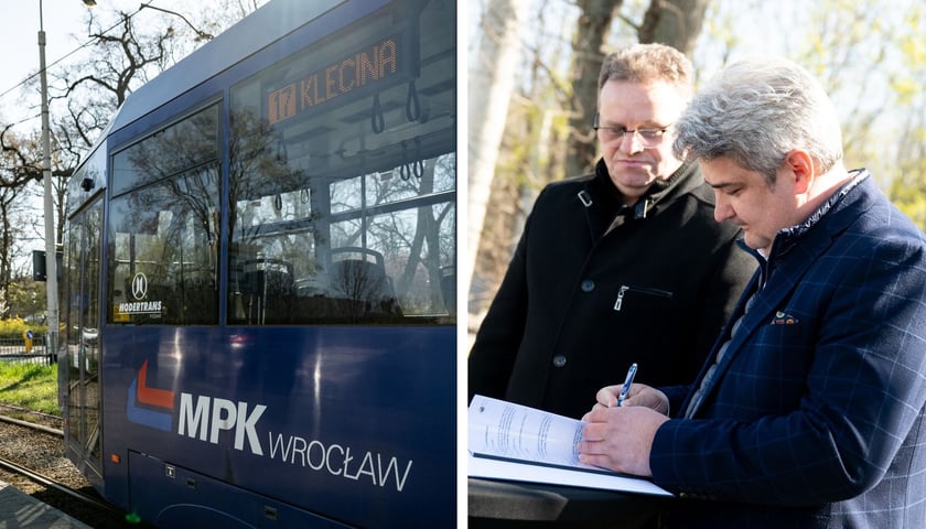 Po lewej: tramwaj stojący na pętli Klecina, po prawej: prezesi Dolnośląskiej Pracowni Projektowej i Wrocławskich Inwestycji podpisują umowę