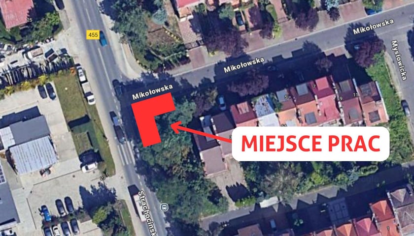 <p>Mapka z zaznaczonym miejscem wykopu - ulice Mikołowska i Strachocińska</p>