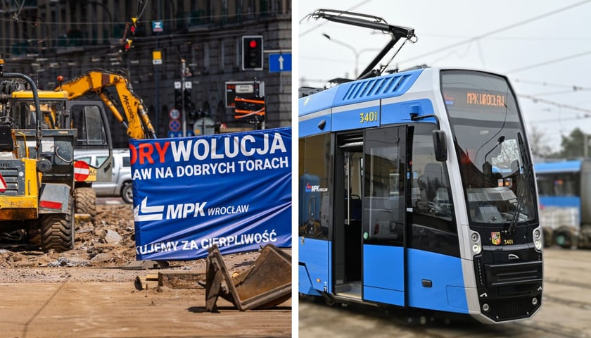 Na lewym zdjęciu remont torowiska, na prawym nowy nabytek MPK - Pesa 146N 