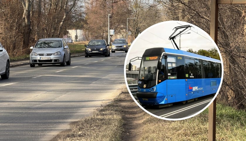 Ulica Opolska - stan obecny na dużym zdjęciu. Na małym tramwaj MPK 