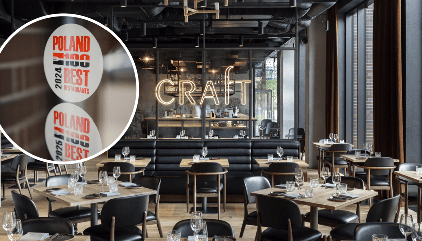 Wnętrze restauracji Craft, w kółku zdjęcie nagrody 100 Poland Best Restaurants