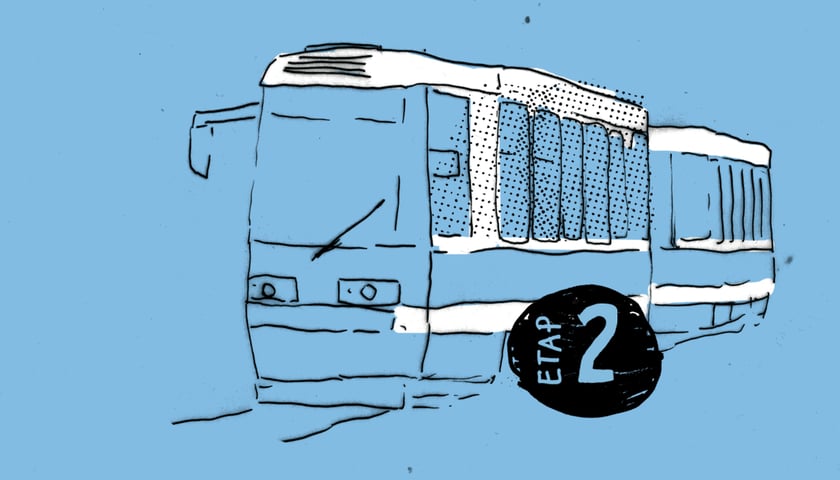 Motyw tramwaju na niebieskim tle. Z napisem "Etap II". Grafika ilustracyjna.