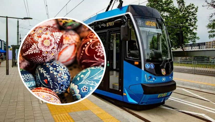 Na dużym zdjęciu tramwaj MPK, na małym wielkanocne pisanki 
