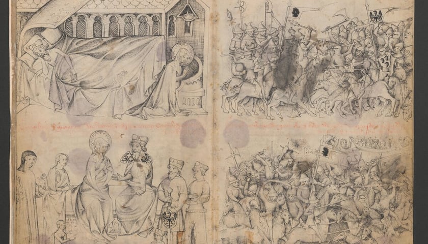<p>Fragment bogato ilustrowanego rękopisu Legendy św. Jadwigi z XV wieku, kt&oacute;rego wsp&oacute;łautorem jest związany ze Złotnikami Antoni Hornig.</p>