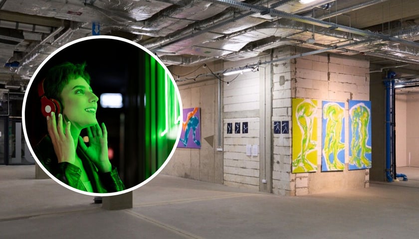 W tle: przestrzeń Bulvarów, w kółku: kobieta z słuchawkami do silent disco, zdjęcie ilustracyjne