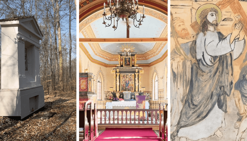 Kapliczka z Kalwarii Trzebnickiej w Lesie Bukowym, w środku wnętrze Pustelni, po prawej jeden z obrazów w kapliczce