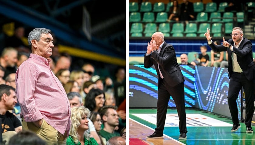 Po lewej: kibic w koszuli obserwuje boisko na stojąco, po prawej: trener Lykogiannis krzyczący w stronę zawodników i jego asystent