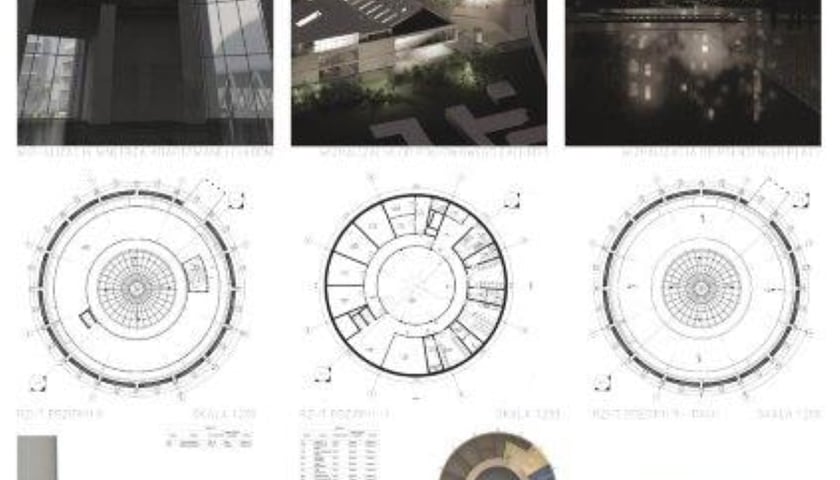 Pierwszą nagrodę przyznano r&oacute;wnież Damianowi Garbuli za pracę &bdquo;Centrum multimedialne&rdquo;, kt&oacute;ra powstała jako projekt na zajęciach prowadzonych przez dr inż. arch. Elżbietę Komarzyńską-Świeściak. Jury doceniło autora za "konsekwentne rozwiązanie budynku wielofunkcyjnego na planie koła w istniejącej strukturze EC Czechnica".
Student zaprojektował nowy, 30-metrowy budynek, kt&oacute;ry wsp&oacute;łgrałby z istniejącą chłodnią kominową &ndash; planowaną na centrum wystawiennicze. Chłodnia i okrągłe centrum multimedialne byłyby skomunikowane łącznikiem na sz&oacute;stym piętrze.
Uwagę sądu konkursowego zwr&oacute;cił program funkcjonalny budynku, składający się z części edukacyjnej, laboratori&oacute;w i restauracji. Jurorom spodobało się też uwolnienie centrum planu poprzez lokalizację trzon&oacute;w komunikacyjnych w pasie zewnętrznym.
"Pozwoliło to na lokalizację części wsp&oacute;lnych w tym najbardziej charakterystycznym miejscu budynku. Jednolite i powściągliwe elewacje stanowią tło dla unikalnego otoczenia" &ndash; podkreślało jury.
- Forma nowego obiektu nawiązywałaby do sąsiednich chłodni i wpisywałaby się w industrialny charakter otoczenia &ndash; opowiada autor. - Budynek jest wynikową decyzji podjętych na etapie projektowania planistycznego, kt&oacute;re wykonaliśmy grupowo. Zar&oacute;wno forma, jak i funkcja spełniają założenia wynikające z analiz. Kształt projektowanego budynku płynnie odsłaniałby przed odbiorcą scenerię okolicznej zabytkowej zabudowy.