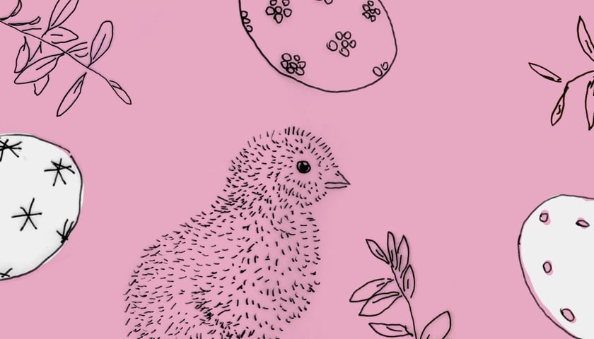 Motywy wielkanocne - pisanki, kurczak, gałązki. Grafika ilustracyjna