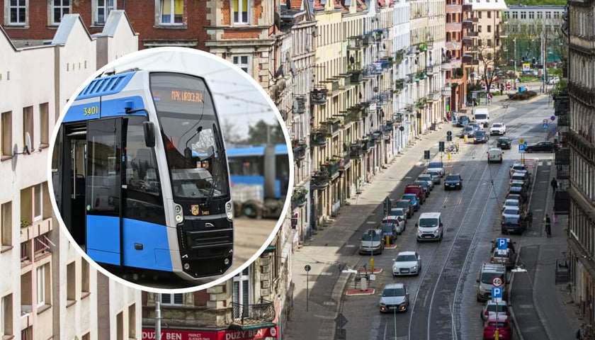 Na dużym zdjęciu ulica Kościuszki (fot. Marek Księżarek), na małym tramwaj MPK Wrocław (fot. Bartosz Chochołowski)