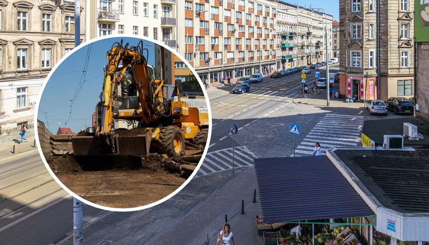 Na dużym zdjęciu ulica Nowowiejska na wysokości skrzyżowania z Wygodną. Na małym koparka na placu budowy - zdjęcie ilustracyjne 