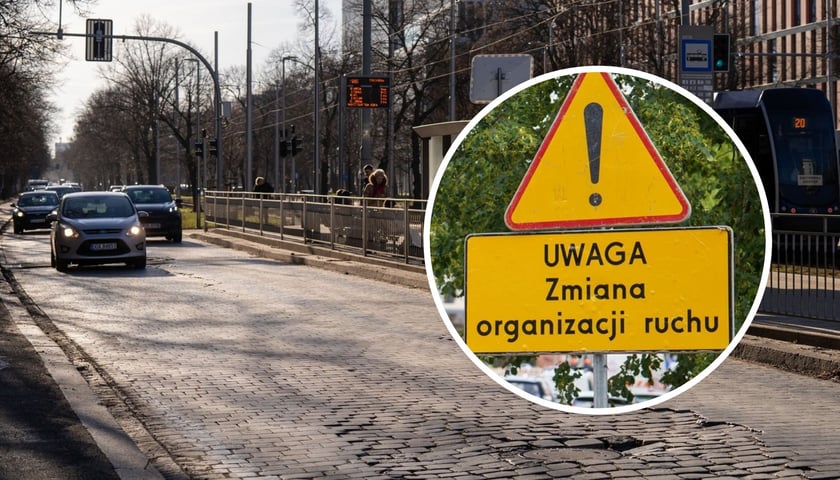 Zdjęcia ilustracyjne: ulica Powstańców Śląskich oraz znak informujący o utrudnieniach w ruchu 