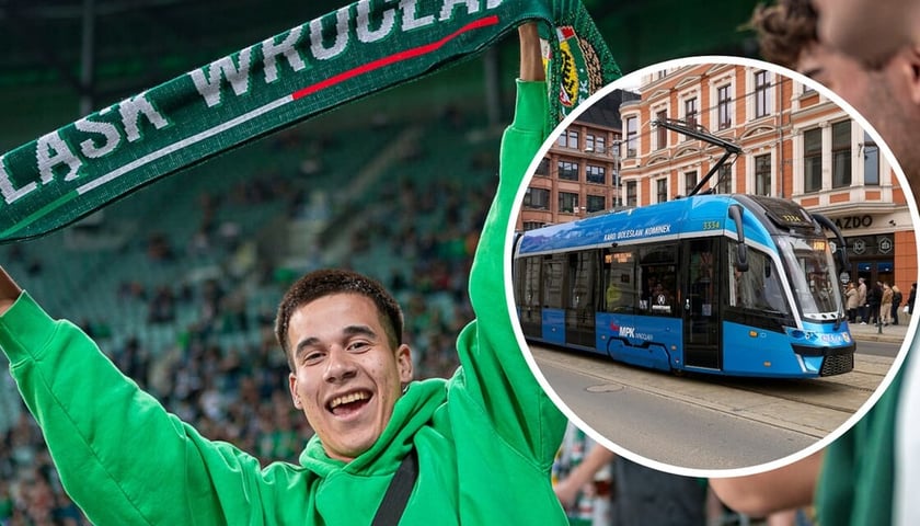 W tle: kibic w zielonej bluzie, w kółku: tramwaj