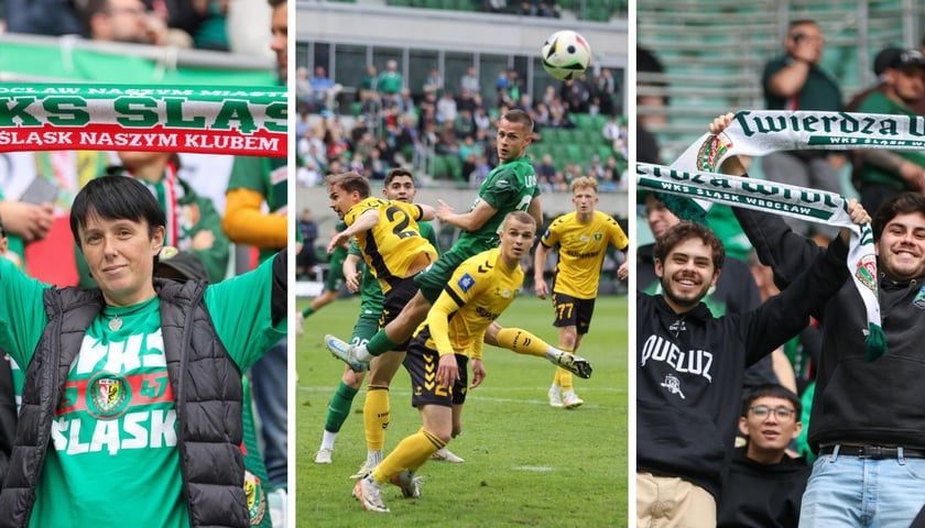 Kolaż trzech zdjęć - na zdjęciu z lewej kobieta kibicująca Śląskowi Wrocław, w środku piłkarze Śląska Wrocław i GKS Katowice podczas meczu, na zdjęciu z prawej dwóch kibiców z szalikami podczas meczu 