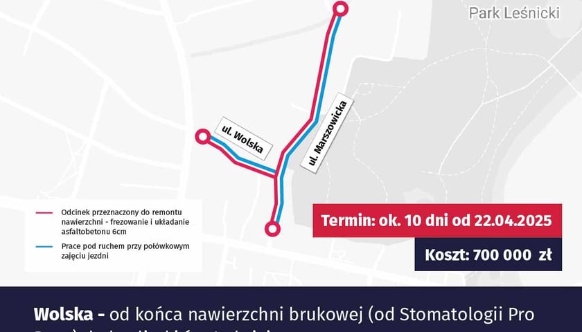 Fragmenty ulic przeznaczonych do remontu na Leśnicy (grafika z mapą)