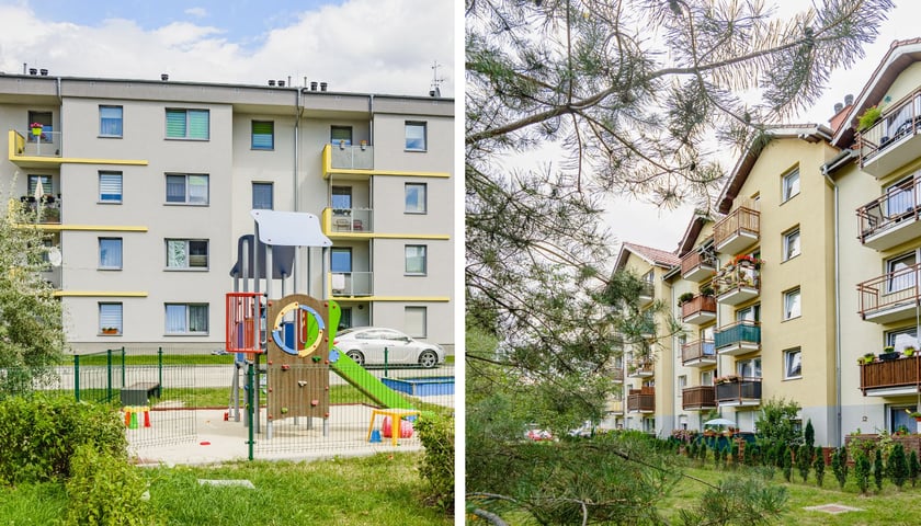Budynki mieszkalne TBS Wrocław, widać plac zabaw i zieleń