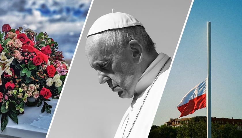 Zestawienie zdjęć: papieża Franciszka, flag spuszczonej do połowy masztu, kwiatów