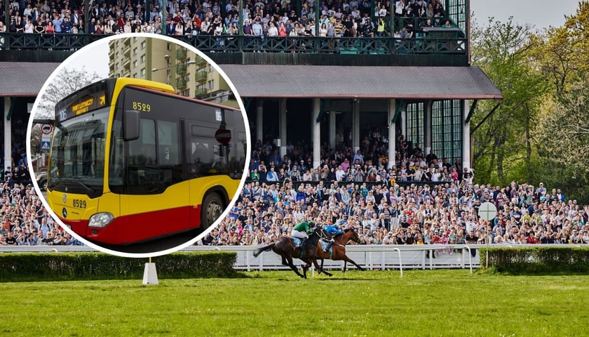 W tle: wyścigi konne na Partynicach, w kółku: autobus MPK Wrocław
