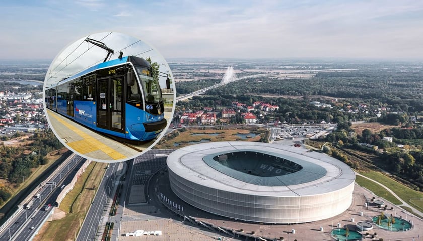 Widok z góry na stadion Tarczyński Arena we Wrocławiu, w kółku jest tramwaj (zdjęcie ilustracyjne)