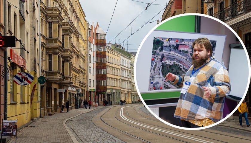 W tle - ulica Szczytnicka. W kółku - Adrian Bukowski z Fundacji na Rzecz Studiów Europejskich podczas spotkania konsultacyjnego w sprawie ulicy Szczytnickiej. Zdjęcia ilustracyjne.