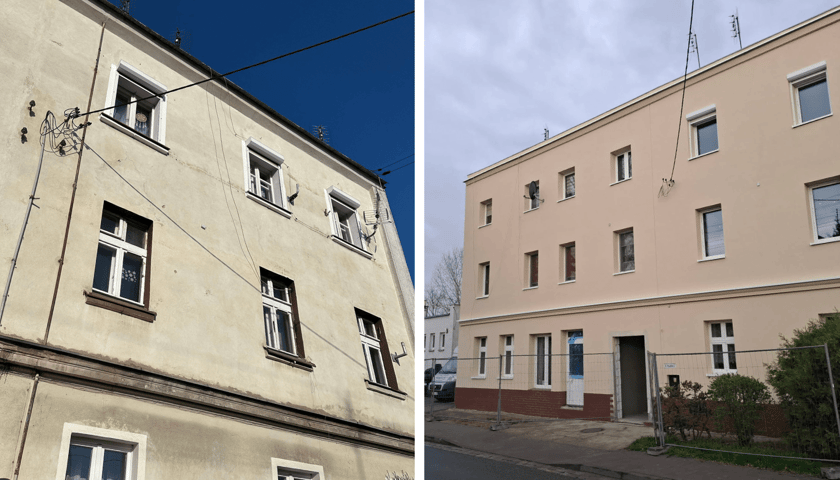 Kamienica przy Jeleniogórskiej 16, z lewej przed, z prawej po remoncie