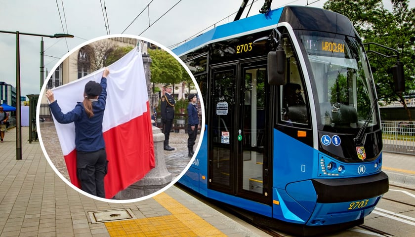 Zdjęcia ilustracyjne. Duża fotografia przedstawia tramwaj MPK, a mała wieszanie flagi państwowej 
