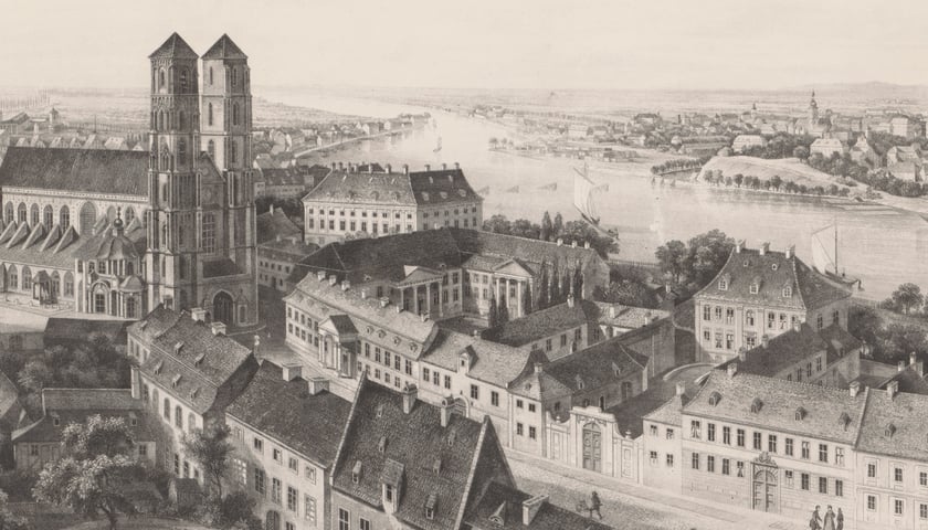 Panorama Wrocławia, widok z wieży kolegiaty św. Krzyża. 1820-1840.