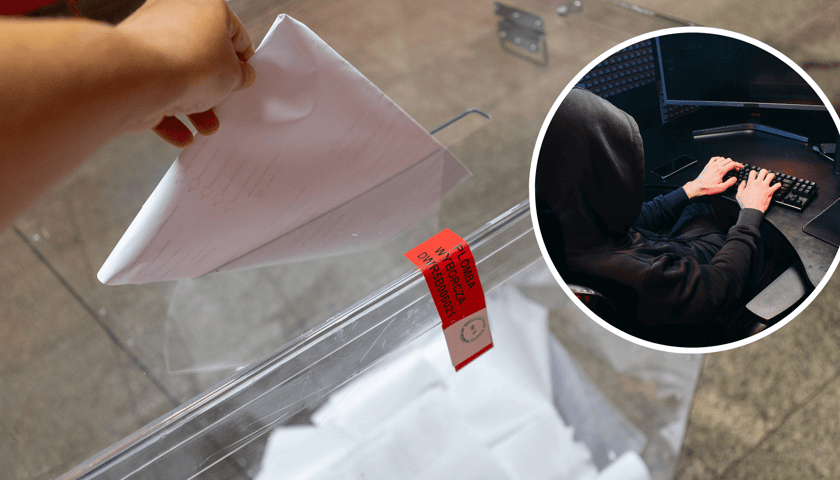 Urna do głosowania i osoba wrzucająca karty do głosowania, w kółku człowiek w czarnej bluzie z kapturem pisze na komputerze/ zjęcie ilustracyjne