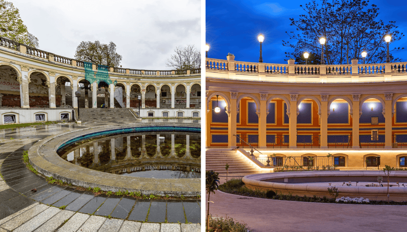 Po lewej stronie Bastion Sakwowy przed remontem, po prawej, po remoncie, nocą