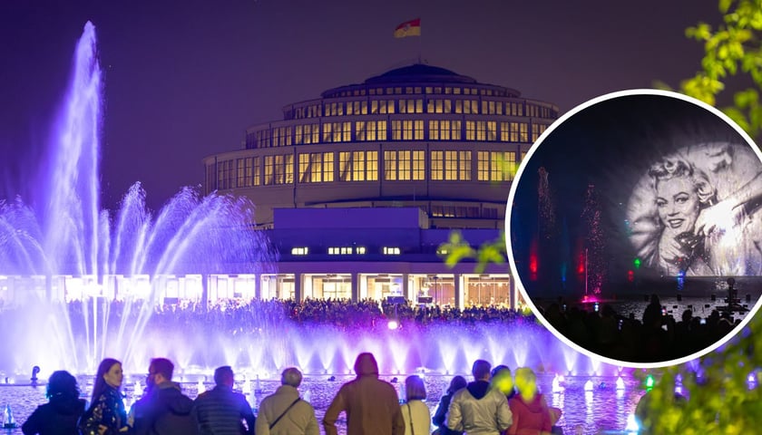 Na dużym zdjęciu ludzie oglądający pokaz fontanny, w tle widoczna Hala Stulecia, na małym zdjęciu pokaz specjalny fontanny „Dzień dobry Marilyn”