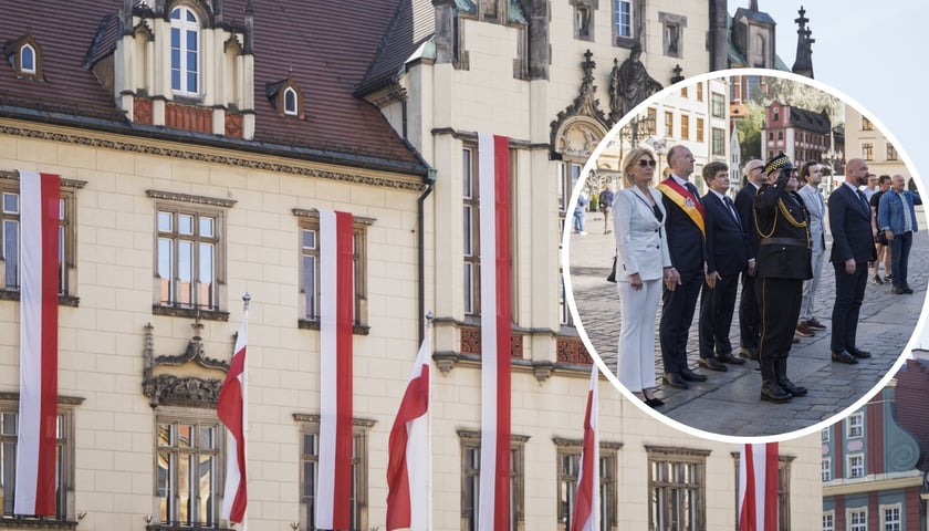 Na zdjęciu głównym flagi przed Ratuszem, na zdjęciu małym prezydent i wiceprezydenci podczas uroczystości Święta Flagi 2025