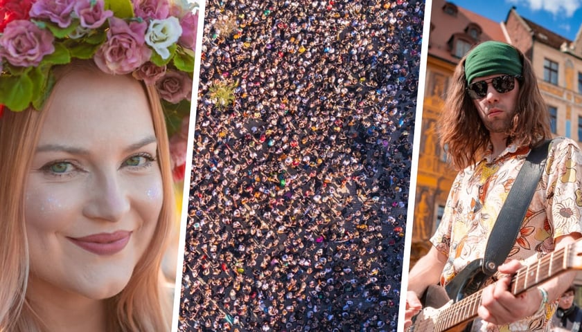 Kobieta w wianku (po lewej), tłum na Rynku (w środku), mężczyzna z gitarą (po prawej)