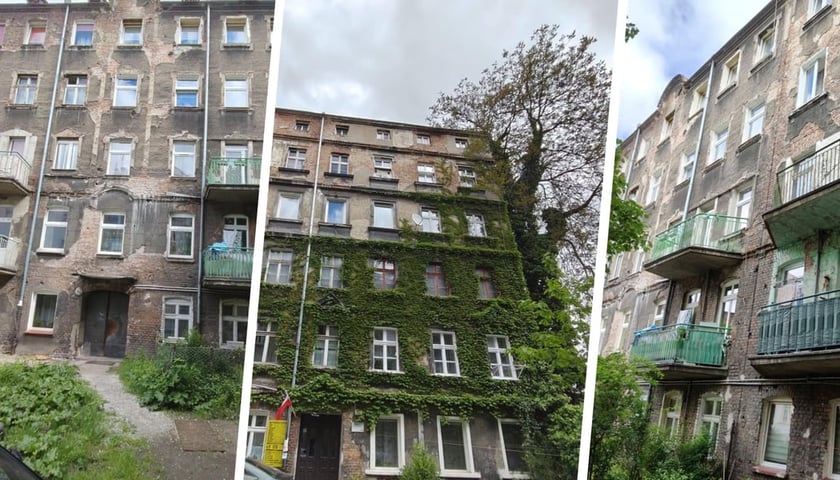 Kolaż trzech zdjęć, na których widać zniszczone kamienice z ul. Grunwaldzkiej, przeznaczone do remontu