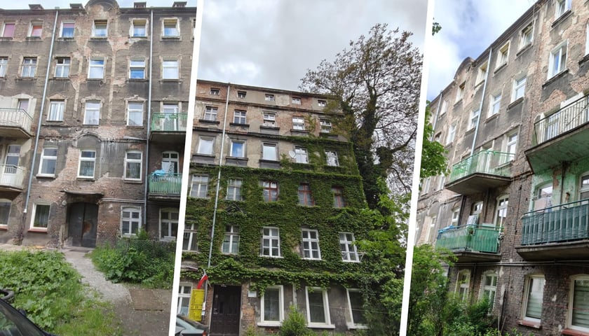 Kolaż trzech zdjęć, na których widać obdrapane kamienice z ul. Grunwaldzkiej, przeznaczone do remontu