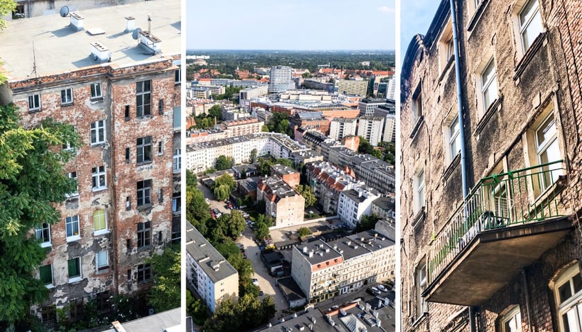 Kolaż trzech zdjęć, na których widać zniszczone kamienice z ul. Grunwaldzkiej, przeznaczone do remontu