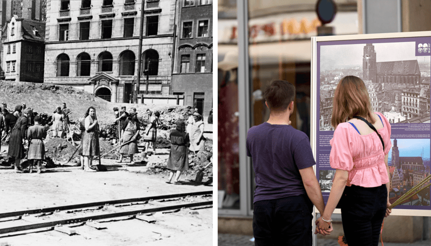 Kolaż 2 zdjęć: po lewej ogruzowywanie Rynku w 1945 roku, po prawej wystawa plenerowa „80 lat powojennego Wrocławia”  przy ul. Oławskiej w Rynku, którą można obejrzeć do 23 maja 