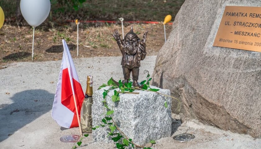 Krasnal Strączuś stojący na kamieniu przy ul. Strączkowej na Ołtaszynie