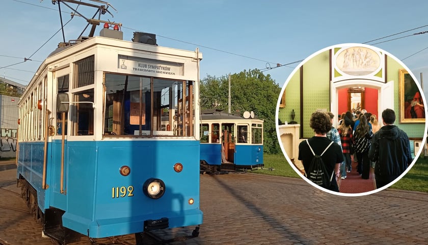 Na zdjęciu dużym wagon Linke-Hofmann Standard, na zdjęciu małym ludzie zwiedzający Pałac Królewski 