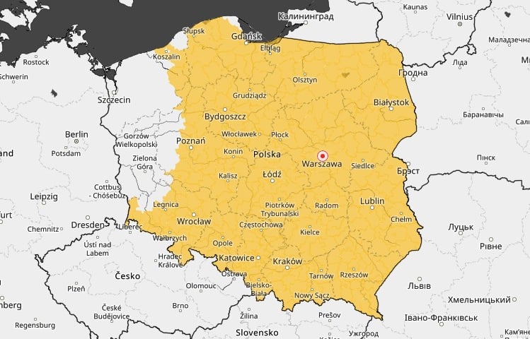 mapa ostrzeżeń pogodowych przed przymrozkami w nocy z 8 na 9 maja 2025