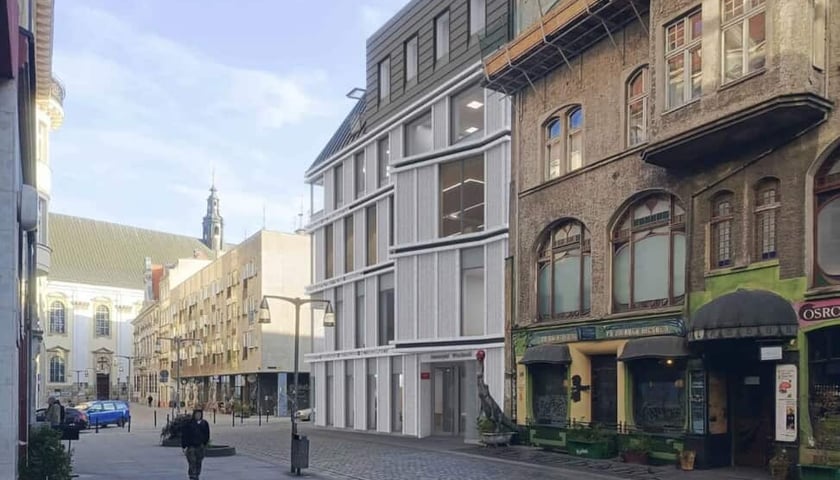Widok z ul. Kuźniczej na kamienicę Kalambura oraz wizualizacja nowego budynku UWr
