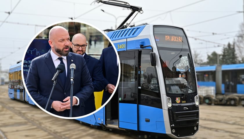 Na dużym zdjęciu Pesa 146N. Na małym prezydent Jacek Sutryk podczas konferencji prasowej 
