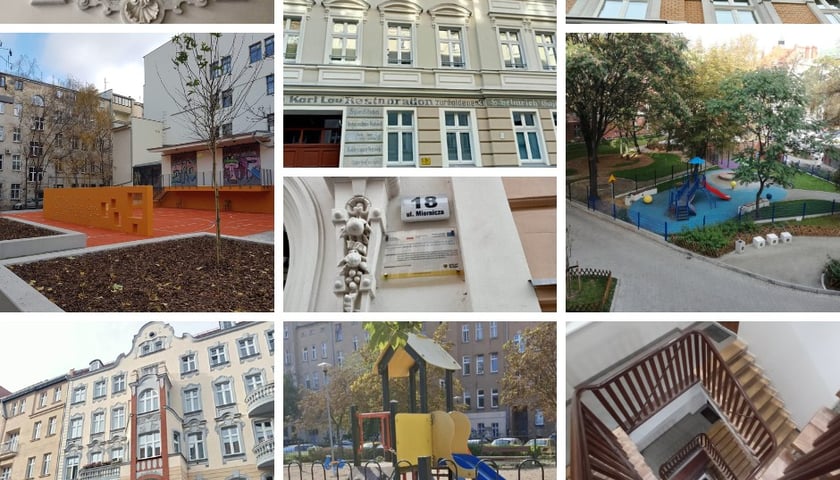 Kolaż zdjęć przedstawiających kamienice, podwórza i plac zabaw