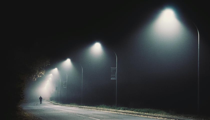 Pojedyncza osoba na ciemnej ulicy, latarnie i światła